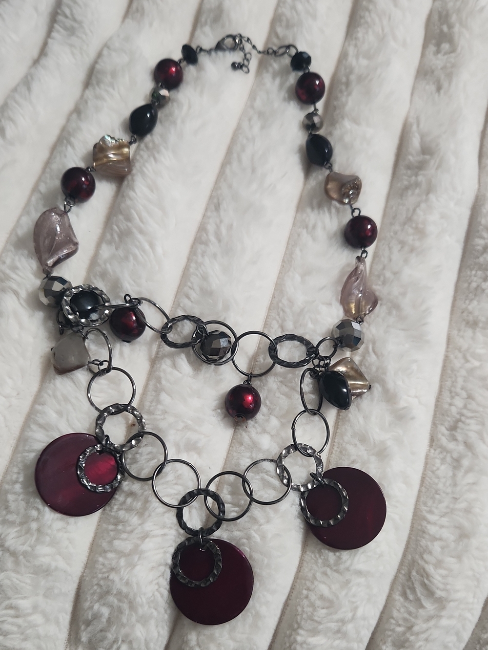 Statement Burgundy Disc Multi-Bead Necklace - Unbranded